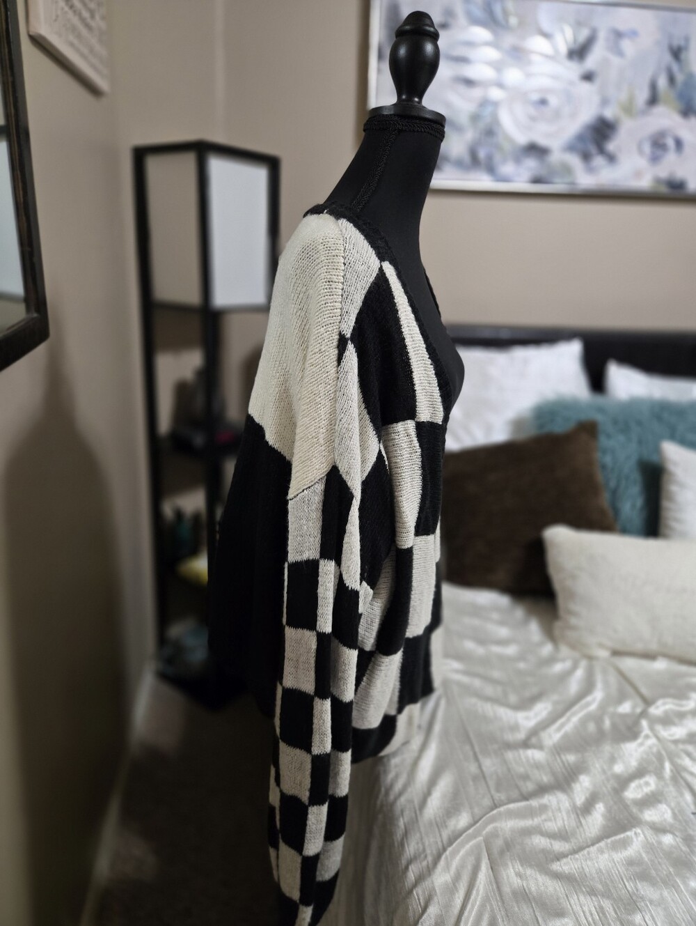 Black and Cream Checkered Open-Front Women's Sweater Cardigan EUC by Double Zero - Picture 4 of 12